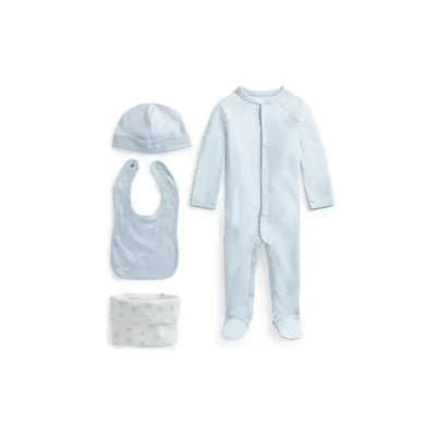 Polo Ralph Lauren Baby - 4Pk Long-Sleeve Interlock Coverall, Bib, Beanie & Print Knit Caddy, Quartz Heather Image 1