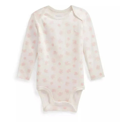 Long-sleeve pink organic cotton bodysuit with a light pattern, designed for babies.