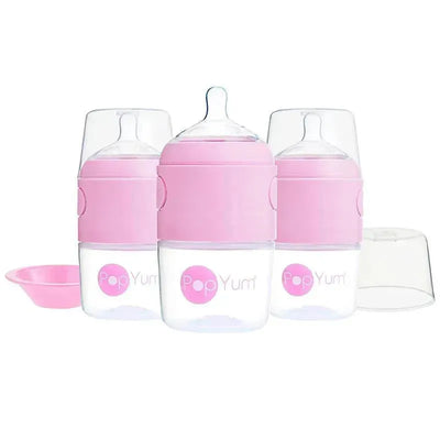 Three pastel purple 5 oz baby bottles from Popyum, designed to prevent colic, displayed with a pink cap and cleaning lid.