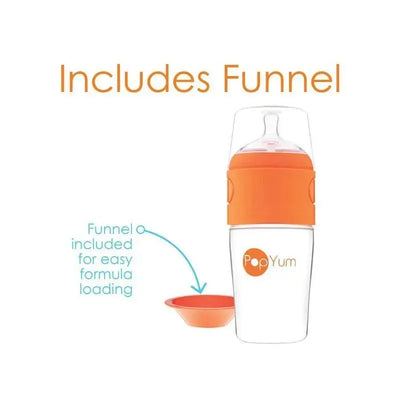 Anti-colic baby bottle set by PopYum, includes an orange funnel for easy formula loading. Capacity: 9 oz each.