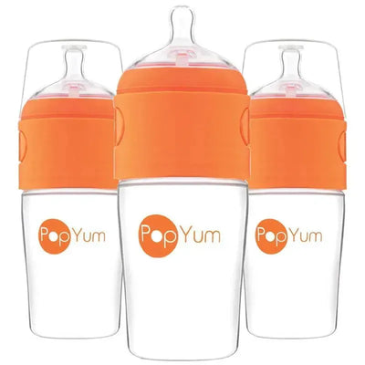 Set of three 9 oz PopYum baby bottles with orange silicone grips and anti-colic design, featuring clear bottles and nipples.
