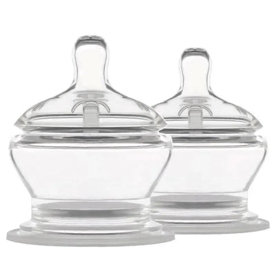 Stage 2 medium flow nipples, two-pack, clear plastic, designed for baby bottles.