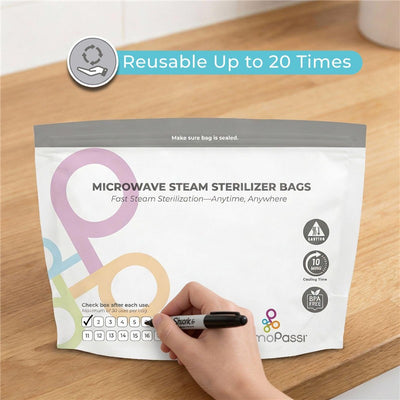 Microwave steam sterilizer bags by Primo Passi, highlighting reusability, instructions, and usage checkboxes.