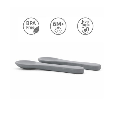 Silicone spoons in senior gray; BPA free, suitable for children 6 months and older, non-toxic.