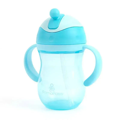 9 oz blue straw cup from Primo Passi with handles and a removable lid, designed for toddlers.