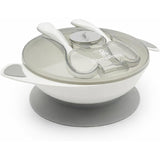 Suction bowl set in grey with lid, fork, and spoon, designed for toddlers. Features a wide base for stability.