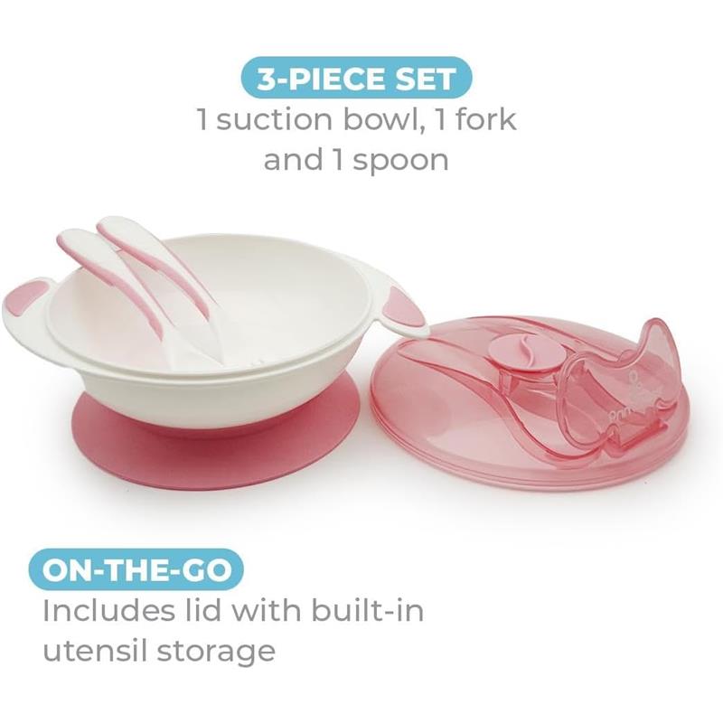 Primo Passi Baby Suction Bowl with Lid, Fork & Spoon Set, Light Pink Image 3
