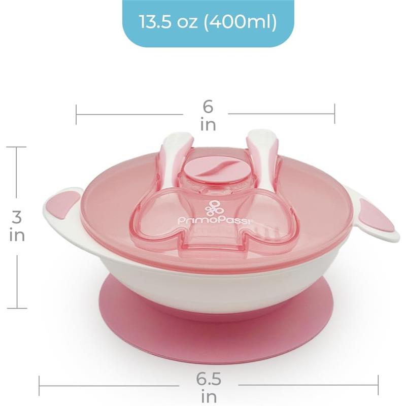 Primo Passi Baby Suction Bowl with Lid, Fork & Spoon Set, Light Pink Image 4