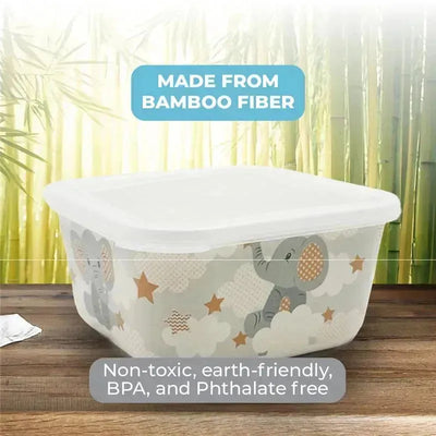 Bamboo fiber food container featuring a cute elephant design, labeled as non-toxic and BPA free.