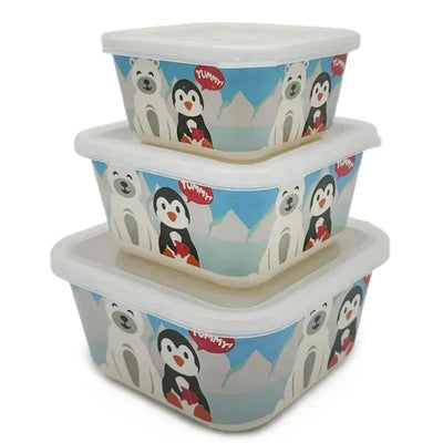 Bamboo fiber food containers featuring penguin and polar bear designs, stacked in three different sizes.