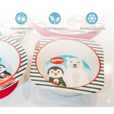 Bamboo fiber square bowl featuring playful penguin and polar bear design, marked as dishwasher and refrigerator safe, eco-friendly.
