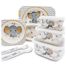 Primo Passi | Bamboo Fiber Kids Super Combo - Divided Square Plate, Square Bowl, Fork&Spoon, And 3 Food Container With Lids - Little Elephant Image 1