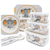 Primo Passi | Bamboo Fiber Kids Super Combo - Divided Square Plate, Square Bowl, Fork&Spoon, And 3 Food Container With Lids - Little Elephant Image 1