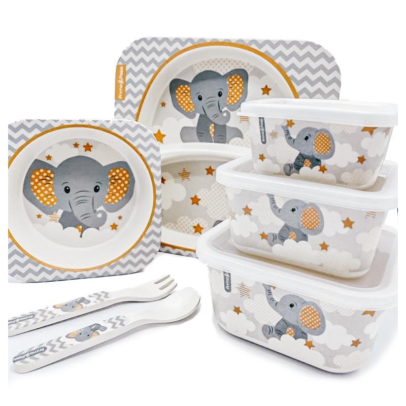 Primo Passi | Bamboo Fiber Kids Super Combo - Divided Square Plate, Square Bowl, Fork&Spoon, And 3 Food Container With Lids - Little Elephant Image 2