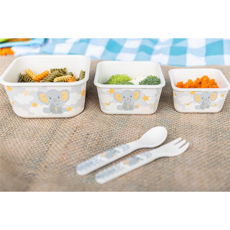 Primo Passi | Bamboo Fiber Kids Super Combo - Divided Square Plate, Square Bowl, Fork&Spoon, And 3 Food Container With Lids - Little Elephant Image 6