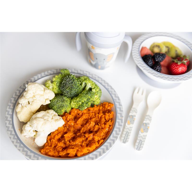 Primo Passi | Bamboo Fiber Kids Super Combo - Divided Square Plate, Square Bowl, Fork&Spoon, And 3 Food Container With Lids - Little Elephant Image 2