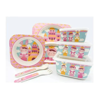 Primo Passi - Bamboo Fiber Kids Super Combo - Divided Square Plate, Square Bowl, Fork&Spoon, And 3 Food Container With Lids - Metoo Image 1