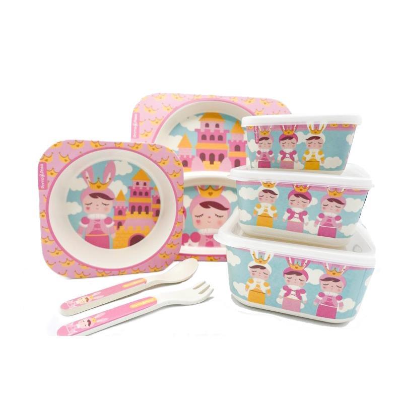 Primo Passi - Bamboo Fiber Kids Super Combo - Divided Square Plate, Square Bowl, Fork&Spoon, And 3 Food Container With Lids - Metoo Image 1