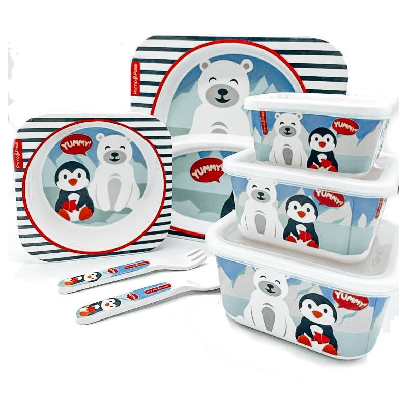 Primo Passi - Bamboo Fiber Kids Super Combo - Divided Square Plate, Square Bowl, Fork&Spoon, And 3 Food Container With Lids - Winter Friends Image 1