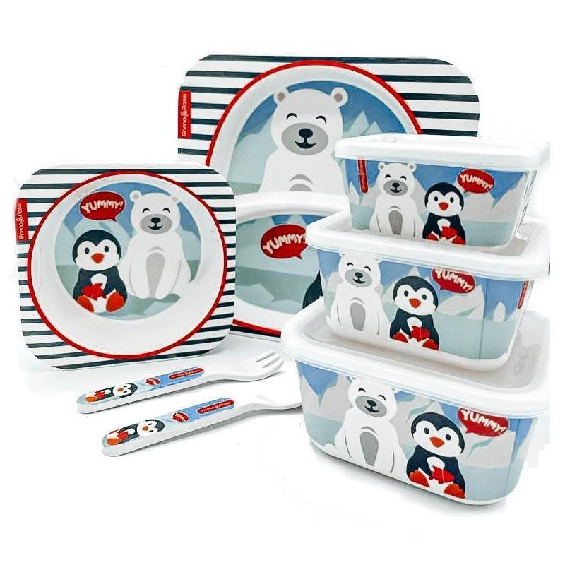 Primo Passi - Bamboo Fiber Kids Super Combo - Divided Square Plate, Square Bowl, Fork&Spoon, And 3 Food Container With Lids - Winter Friends Image 1