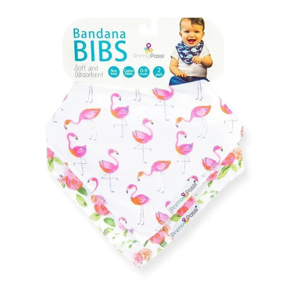 Bandana bibs featuring pink flamingo and rose patterns, suitable for infants 0-9 months, soft and absorbent.