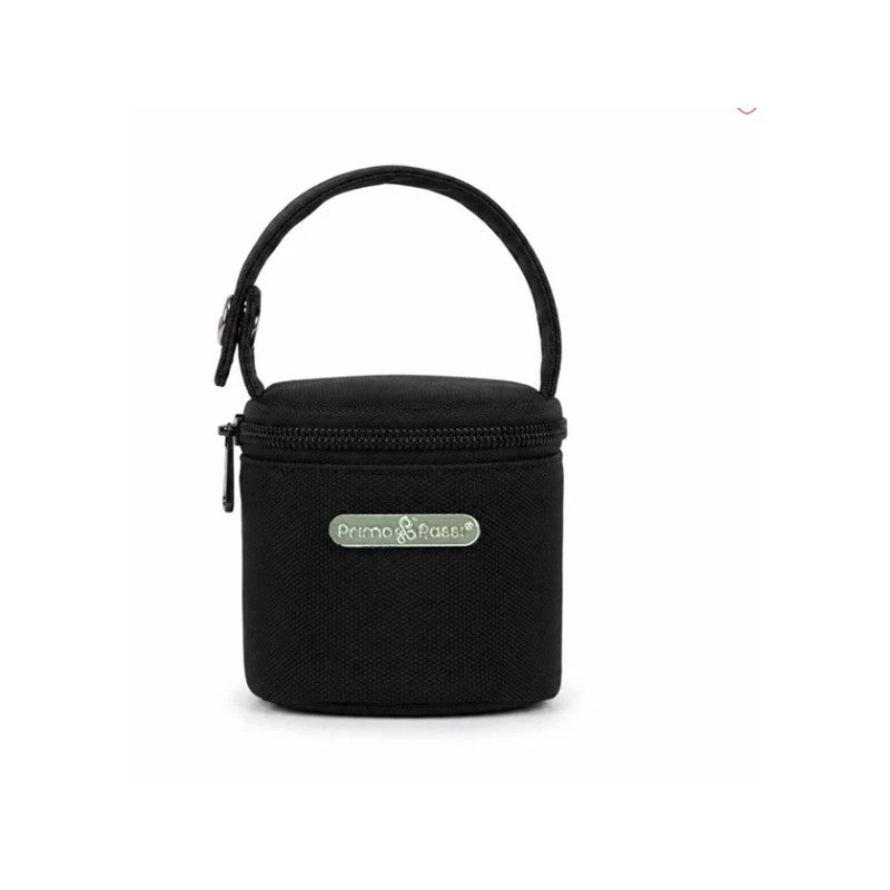 Black insulated bottle bag from the Primo Passi Bundle with a zipper and handle for easy transport.