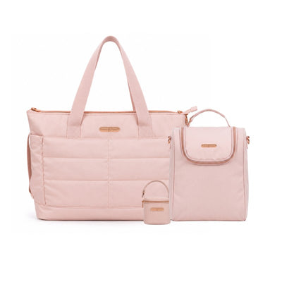 Primo Passi Bundle in Pink includes a spacious diaper bag tote, insulated bottle bag, and pacifier bag, all in a soft pink color.
