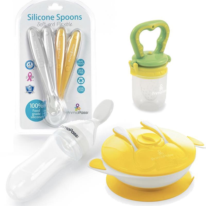 Primo Passi Complete Neutral Gift Set for Babies with Yellow Suction Bowl, Gray Yellow Silicone Spoon, White Silicone Squeezy And Green Fresh Food  Image 1
