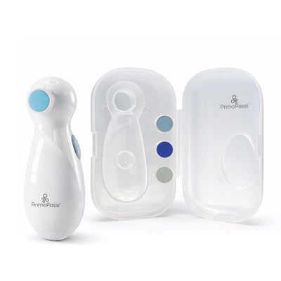 Baby electric nail filer Primo Passi in a white casing, displaying three colored filing pads in a transparent case.