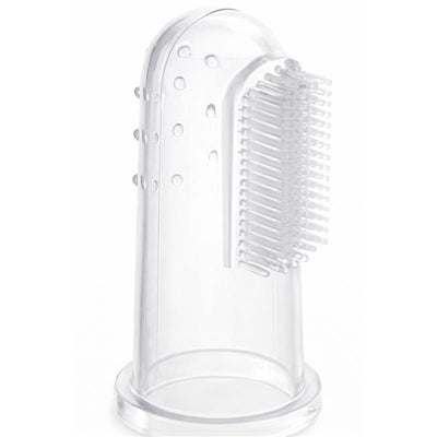 Silicone finger toothbrush with raised bumps for grip, featuring a comb-like bristle side, stored in a clear case holder.