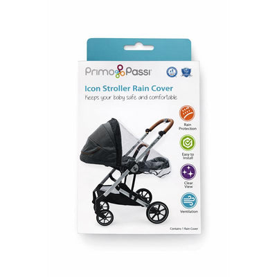 Primo Passi Icon Baby Stroller Rain Cover packaging featuring a stroller with a clear rain cover, highlighting features like rain protection and ventilation.