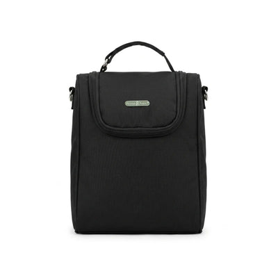 Insulated black bottle bag with a top handle and a front zip pocket, designed for keeping drinks at the desired temperature.