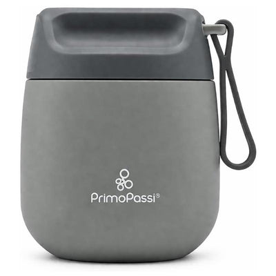 Insulated 12 oz food jar in grey for kids and babies, featuring a secure lid and a side handle for easy carrying.