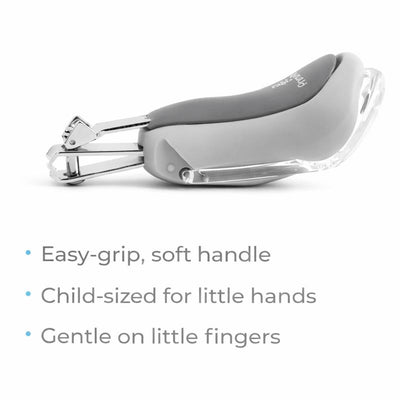 Grey baby nail clipper with a magnifier, featuring an easy-grip, soft handle and designed for gentle use on little fingers.