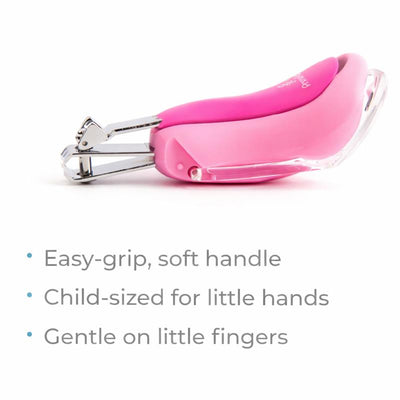 Pink baby nail clipper with magnifier, designed for easy grip, soft handling, and gentle use on small fingers.