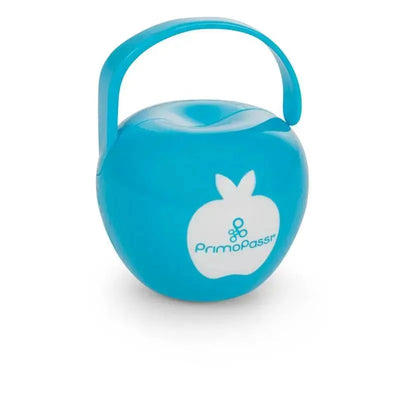 Blue Primo Passi pacifier case shaped like an apple, featuring a handle and the brand logo on the front.
