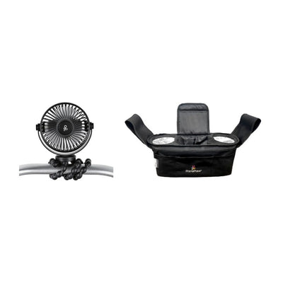 Portable stroller fan in black, mounted on a stroller handle, alongside a black stroller handle organizer with cup holders.