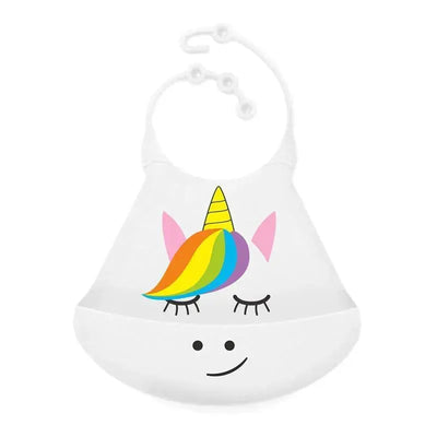 Silicone baby bib featuring a colorful unicorn design, with a smiling face and a catch-all pocket.