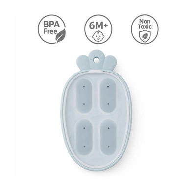 Silicone carrot-shaped freezer food feeder in dusty blue, features four sections, BPA-free, non-toxic, suitable for 6 months+.