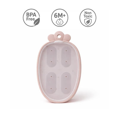 Silicone carrot-shaped freezer tray in rose pink for making baby food, BPA-free, non-toxic, suitable for 6 months+.
