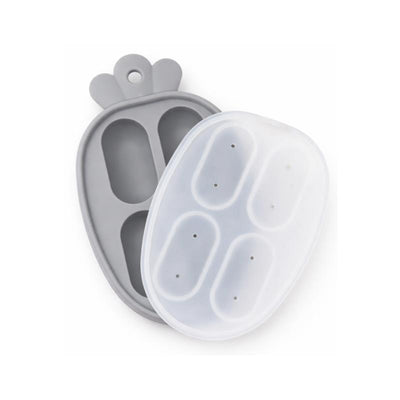 Silicone freezer tray in gray and white, featuring four compartments for making ice or healthy snacks.