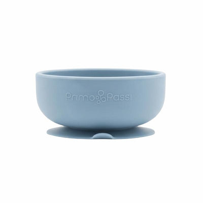 Silicone suction bowl by Primo Passi in dusty blue, designed for toddlers with a secure suction base.