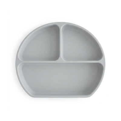 Silicone suction plate in senior gray with three sections for portioning food.