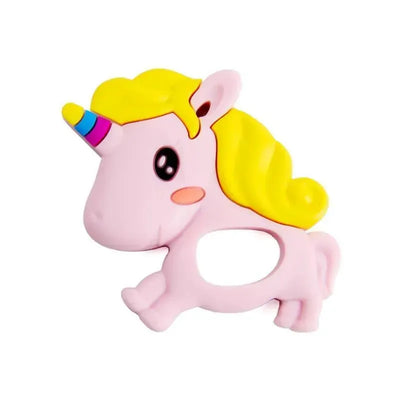 Silicone baby teether shaped like a pink unicorn with yellow mane and colorful horn, designed for infants.