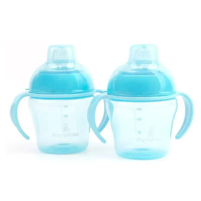 Two Primo Passi blue sippy cups, 5 oz, with easy-grip handles and measurement markings on the sides.