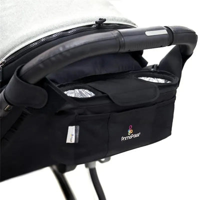 Black Primo Passi baby stroller handle organizer with storage pockets and a logo, designed for easy access to essentials.