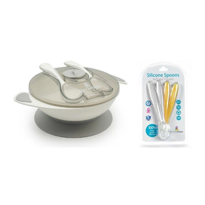 Primo Passi - Suction Bowl Grey + Silicone Spoon 4-Pack Grey/Yellow Image 1