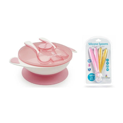 Primo Passi - Suction Bowl Light Pink+ Silicone Spoon 4-Pack Pink/Yellow Image 1