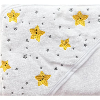 White baby towel featuring yellow star embroidery and grey star accents, designed for comfort and warmth.