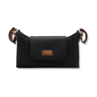 Black Primo Passi Nero Stroller Organizer with a front flap pocket and leather label, designed as a 2-in-1 organizer and shoulder bag.